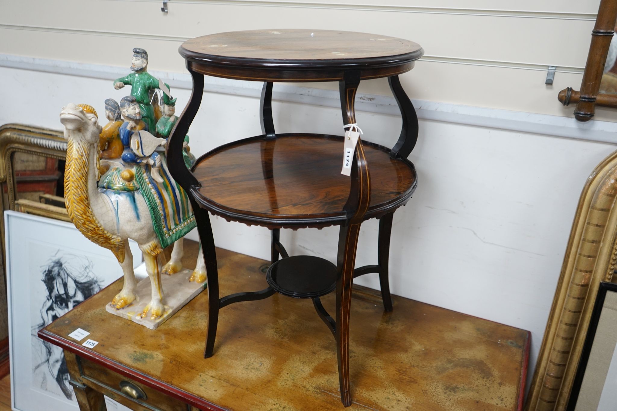 An Edwardian marquetry inlaid rosewood circular two tier centre table, diameter 47cm, height 69cm